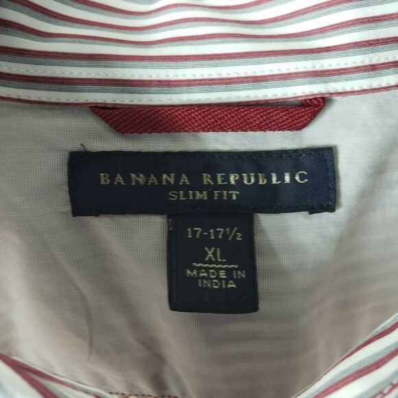 Banana Republic MensButton Down Shirt Slim Fit Red Multi Striped L/S XL 17-17.5 - Picture 7 of 9